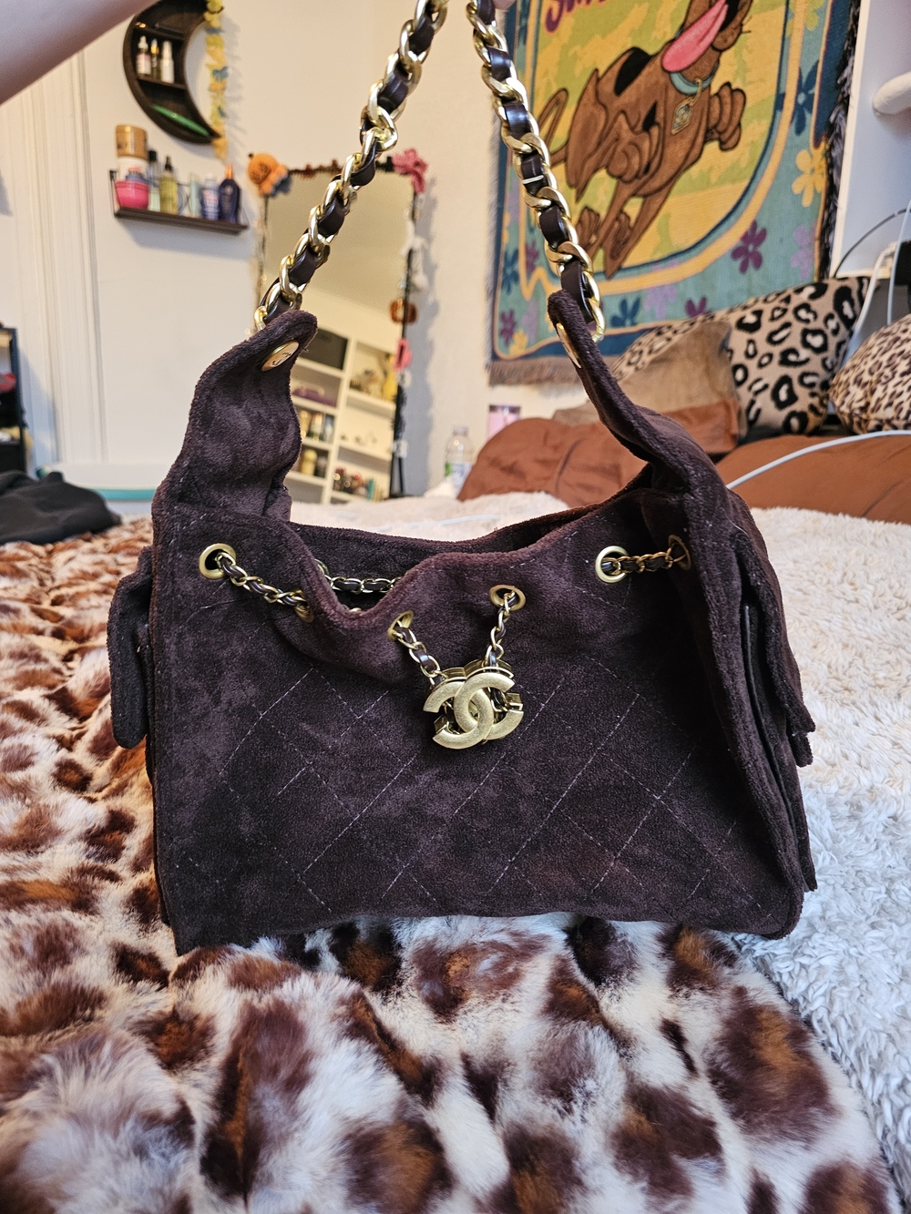Brown Suede Chain Shoulder Bag